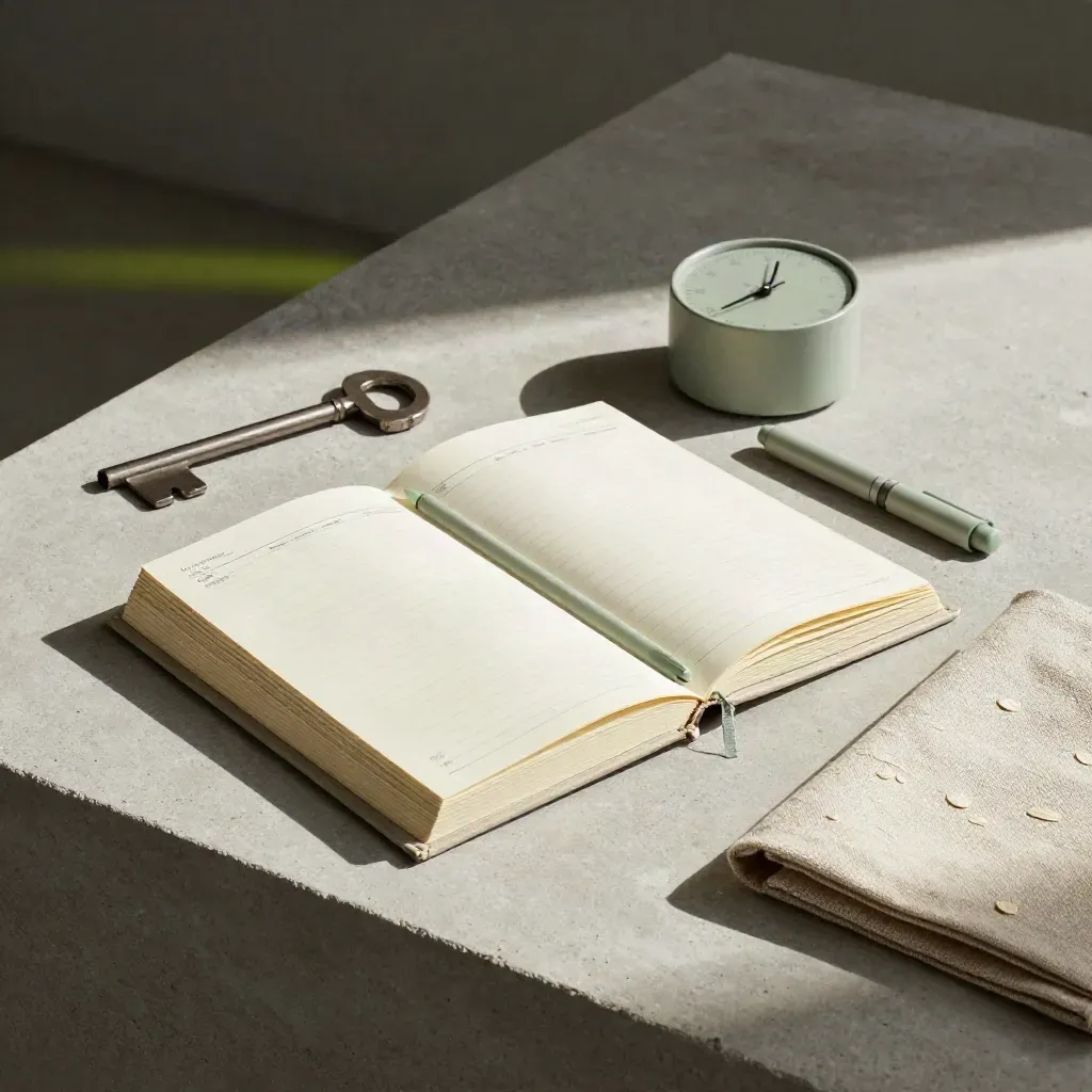 Kit de workshop com caderno creme, marcadores, timer redondo e capa de linho sobre concreto claro.