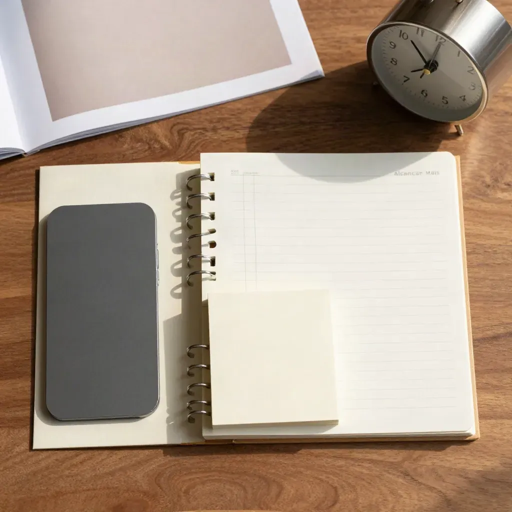 Plano zenital de binder off-white, cartões creme, bloco escuro e relógio sobre madeira nogal.