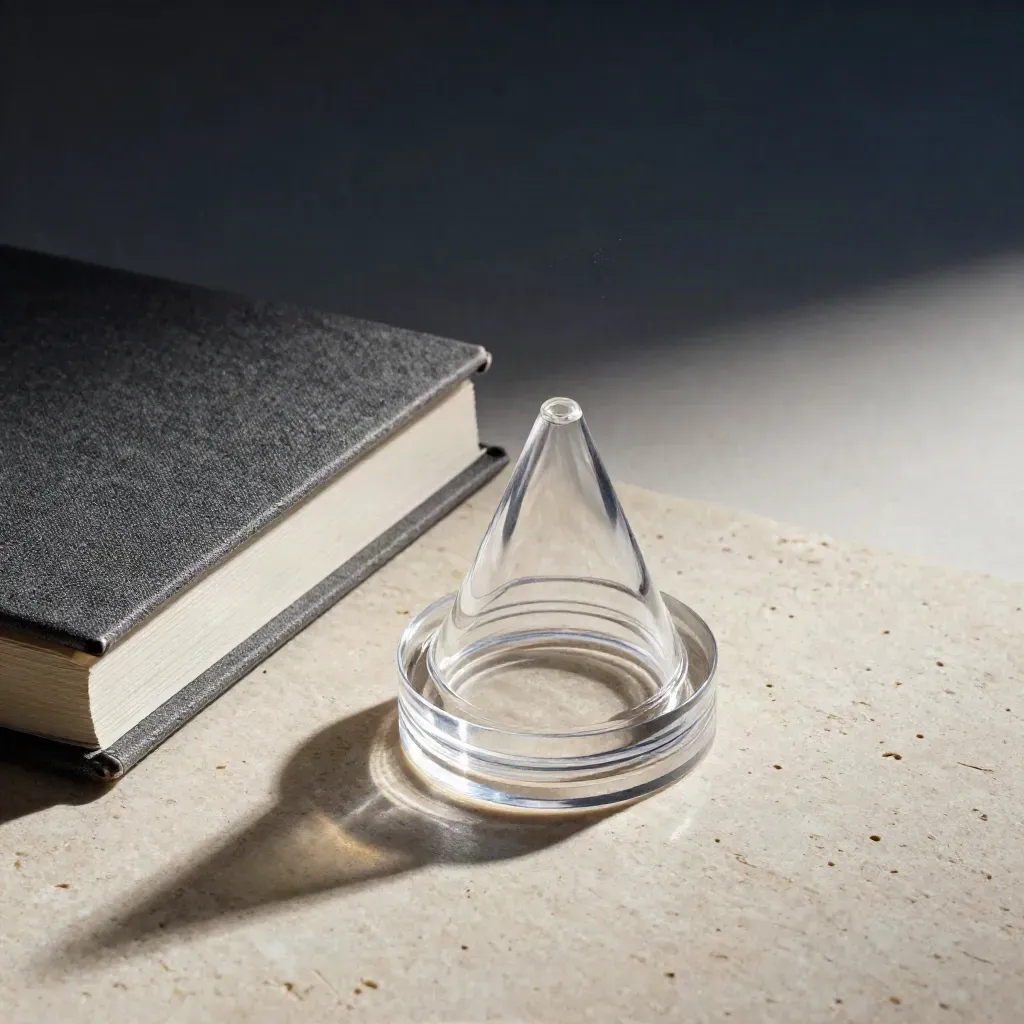 Funil acrílico, caderno grafite e cartões sobre travertino, com luz lateral suave.