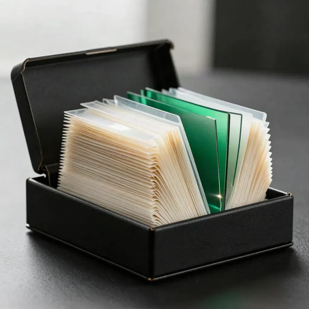 Caixa premium com inserts verdes e prisma de vidro sobre fundo escuro dramático.